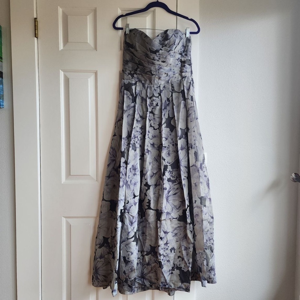 Lauren Ralph Lauren Evening Sleeveless Pleated Gray Floral Print Maxi Dress